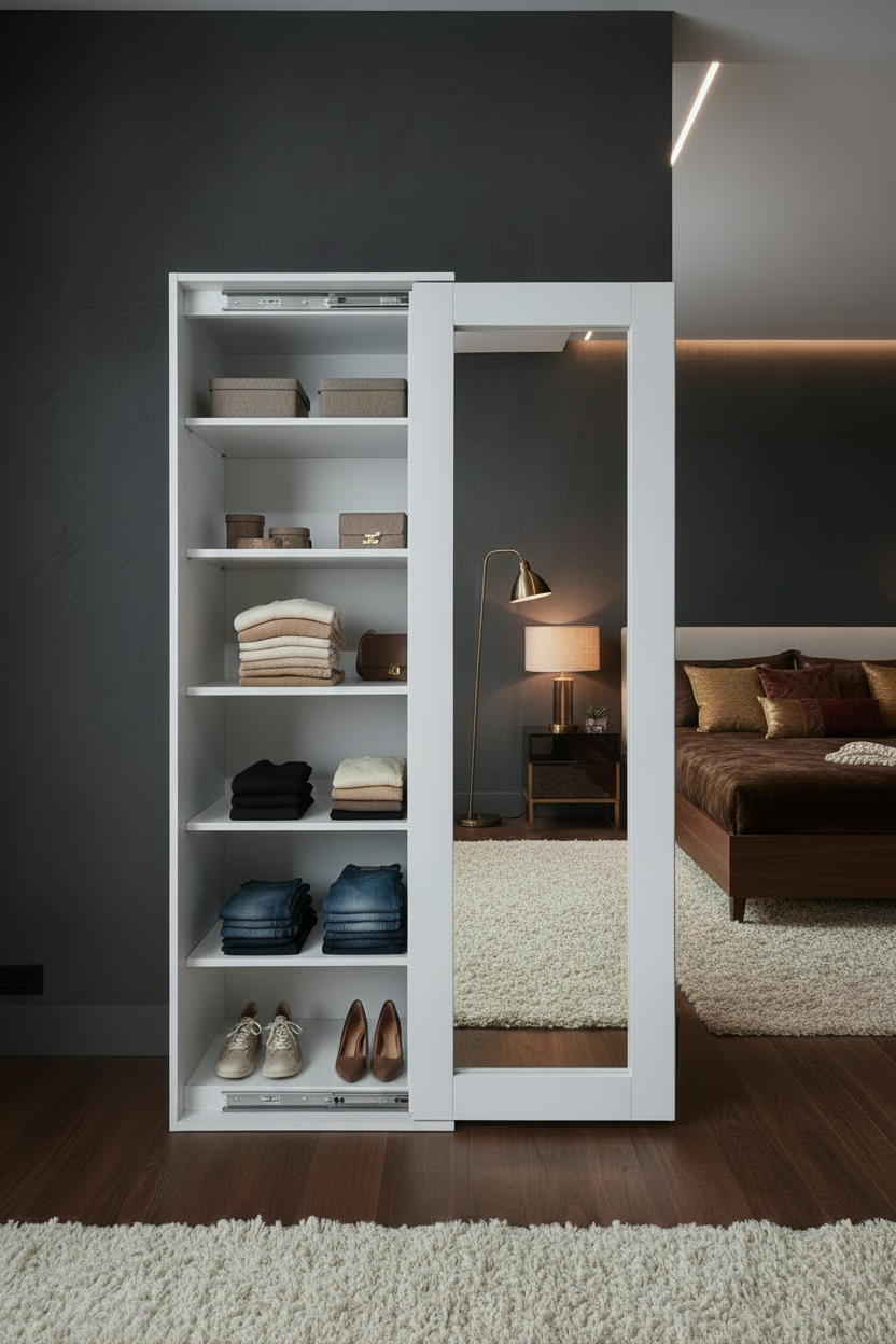 White storage cabinet with a mirror door in a workshop setting
